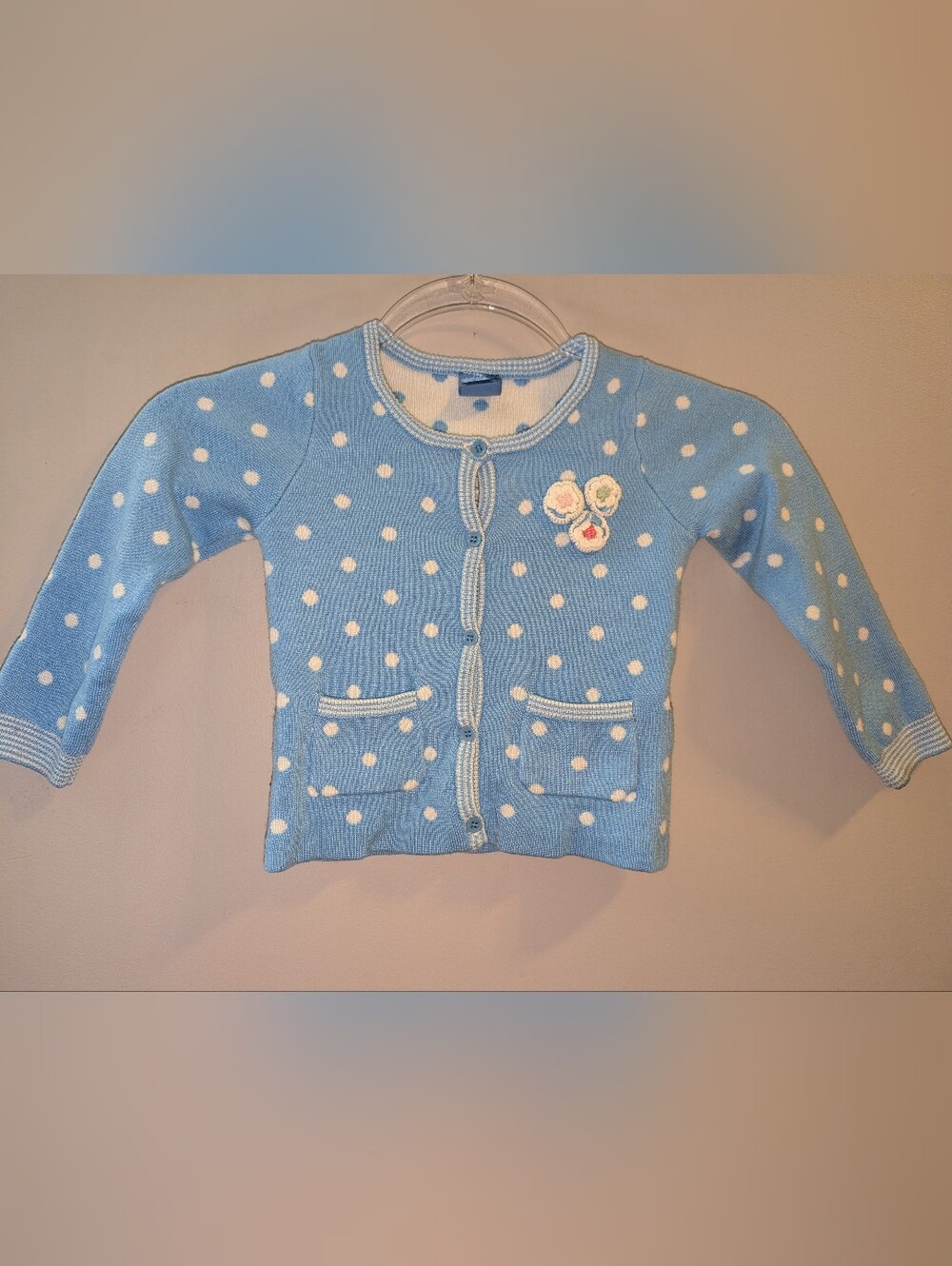 🌸 Pumpkin Patch Blue Polka Dot Knit Cardigan Sweater Kids Button Front 4 4T